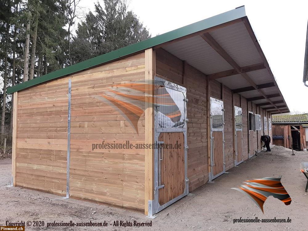 Bild 17: Außenbox, Pferdestall bauen, Pferdebox, Offenstall, Weidehütte mit fressgitter, Stallbau,