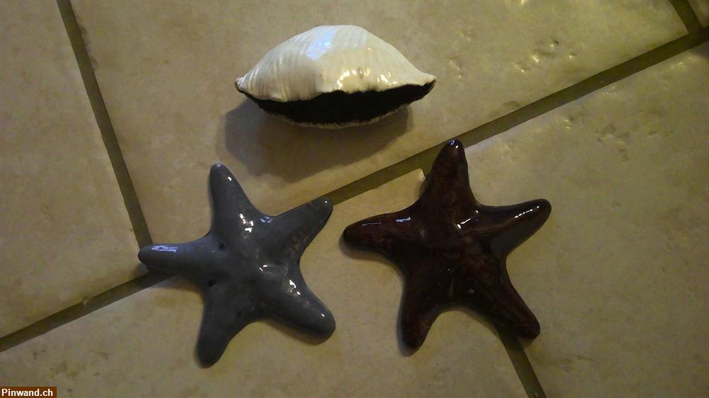 Bild 2: Handgemachte Seesterne und Muschel aus Ton mit Perlen