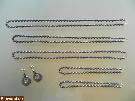 Bild 1: Hämatit Perlen Ketten Collier echt geknüpft neu 3 Stk.