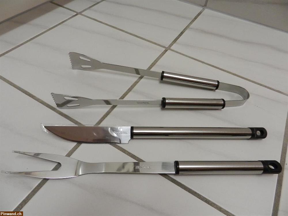 Bild 1: Grillbesteck 3-teilig Edelstahl rostfrei Gabel Messer Zange neu