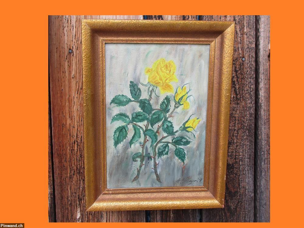 Bild 1: Altes gelben Rosen Gemälde mit Unterschrift