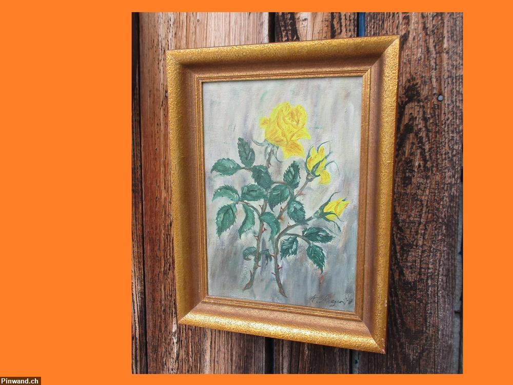 Bild 4: Altes gelben Rosen Gemälde mit Unterschrift