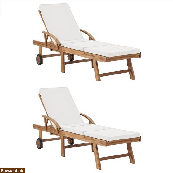 Bild 1: NEU! Sonnenliegen mit Auflagen 2 Stk. Massivholz Teak Cremeweiß