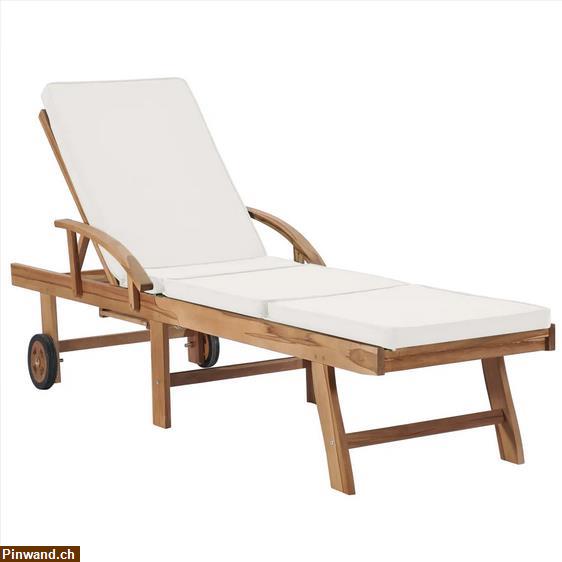 Bild 2: NEU! Sonnenliegen mit Auflagen 2 Stk. Massivholz Teak Cremeweiß