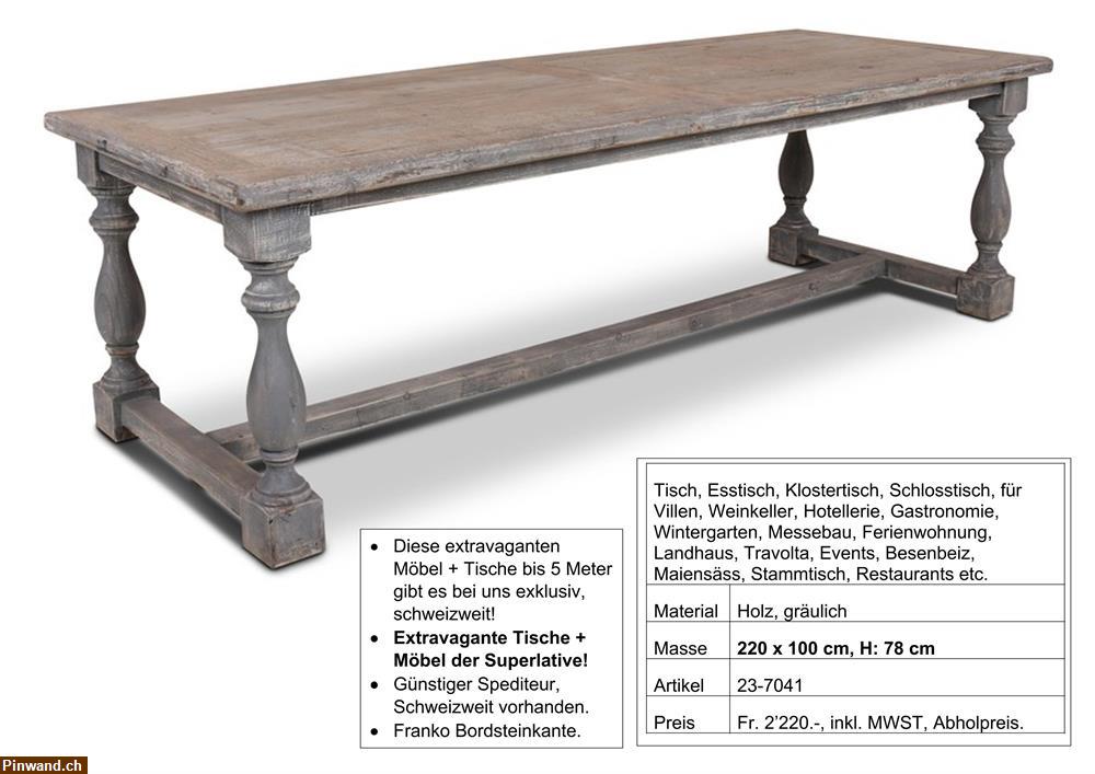 Bild 1: Tisch, massiv Holz, Fusssteg + gedrechselten Beinen, 220 x 100 cm