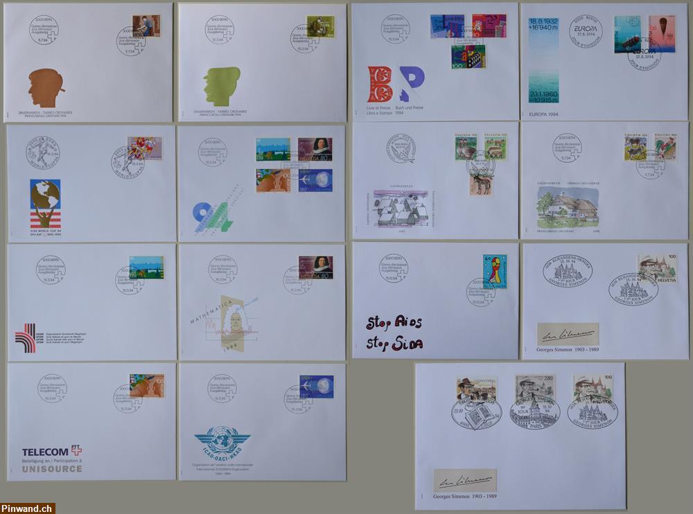 Bild 5: Alle FDC Frei-, Europa- und Werbemarken Schweiz 1990 bis 1994