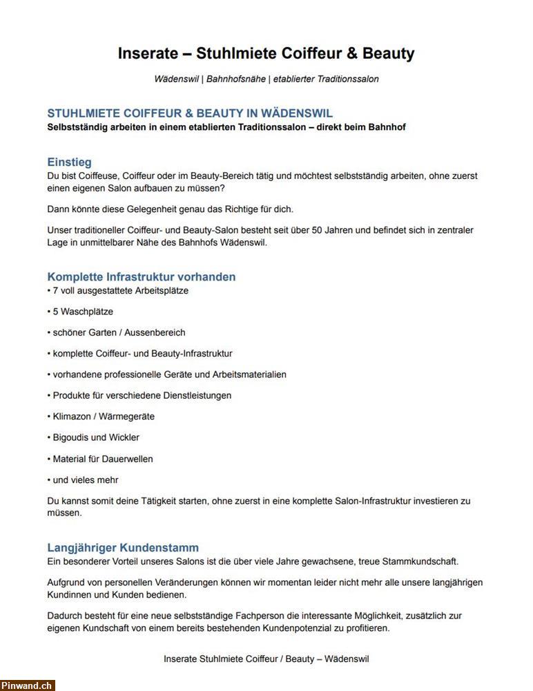 Bild 1: Stuhlmiete Coiffeur & Beauty in Wädenswil nahe Bahnhof